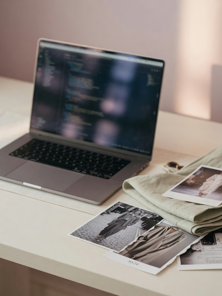 Developer workspace with a laptop and fashion prints