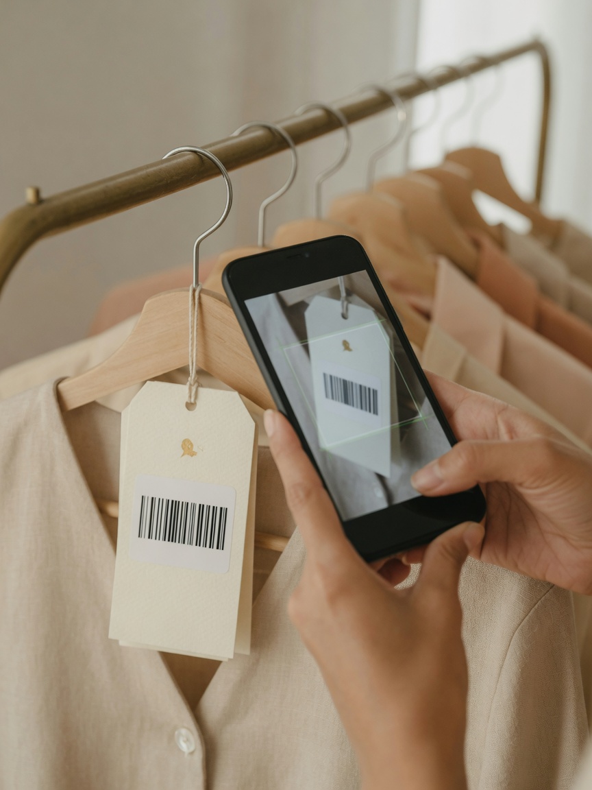 Smartphone scanning a barcode on a clothing tag