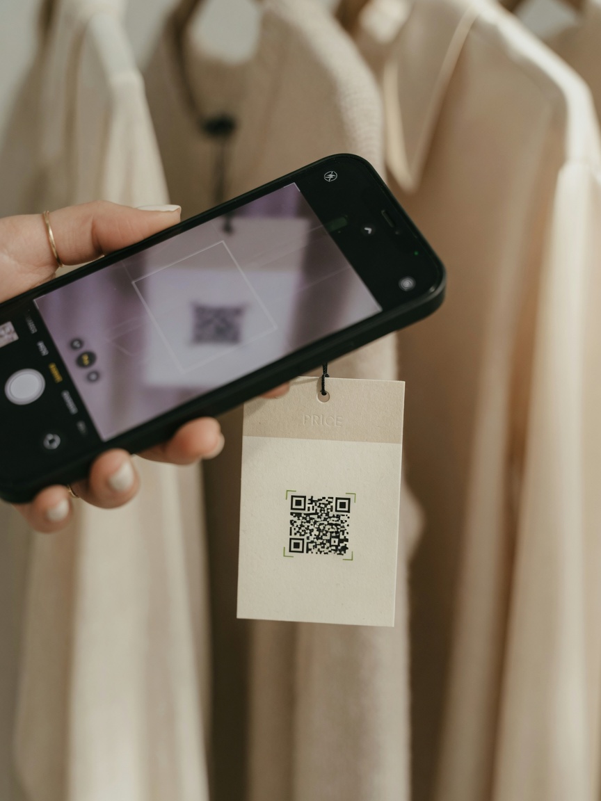 Smartphone scanning a QR code on a clothing price tag