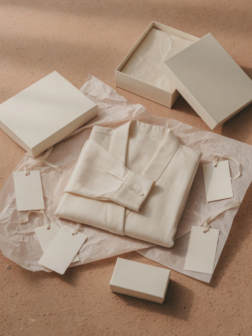 Neutral branded packaging and garment flat lay