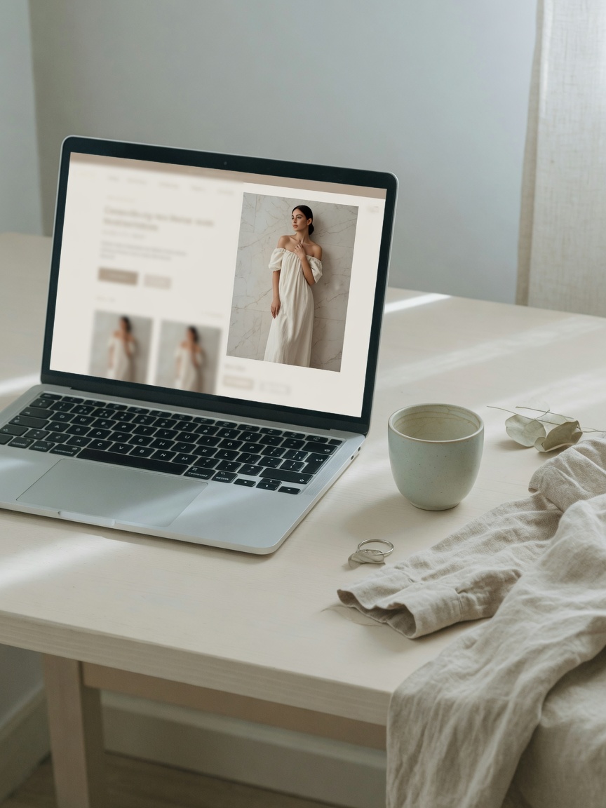 Laptop showing an online fashion store with a product card